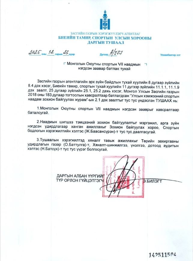 МОНГОЛЫН ОЮУТНЫ СПОРТЫН VI НААДАМ ӨНДӨРЛӨЛӨӨ